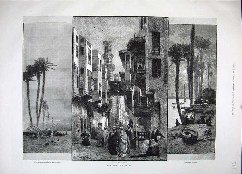 Old Antique Print 1883 Cairo Egypt Bedouin Camp Pyramids Geb-El-Almar Art 19th