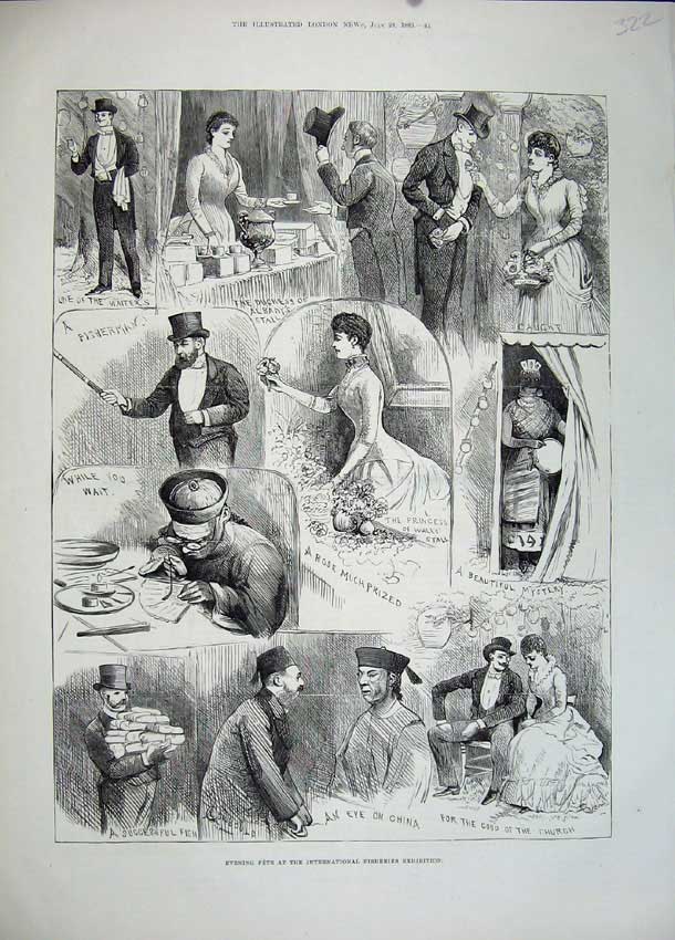 Original Old Antique Print 1883Fisheries Exhibition Duchess Albany Fihserman