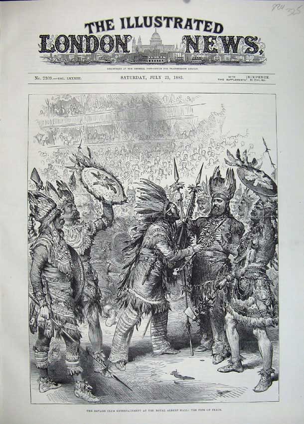 Old Antique Print 1883 Savage Club Royal Albert Hall Pipes Peace Indians 19th