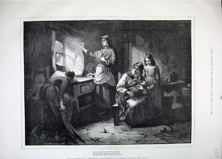 Old Antique Print 1883 Fine Art Weatherhead Family Home Women Waiting Men 19th
