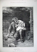 Original Old Antique Print 1883 Man Baby Girl Grave Flowers Spade Fine Art 19th