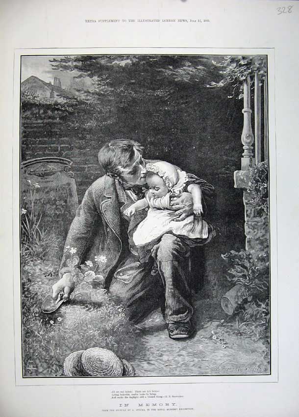 Original Old Antique Print 1883 Man Baby Girl Grave Flowers Spade Fine Art 19th