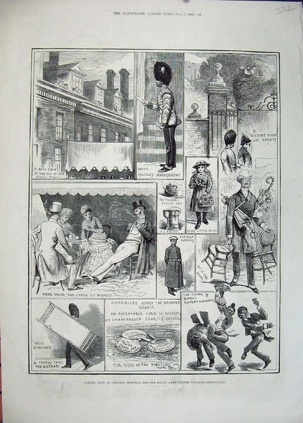 Old Antique Print 1883 Garden Fete Chelsea Hospital Royal Army Coffee War 19th