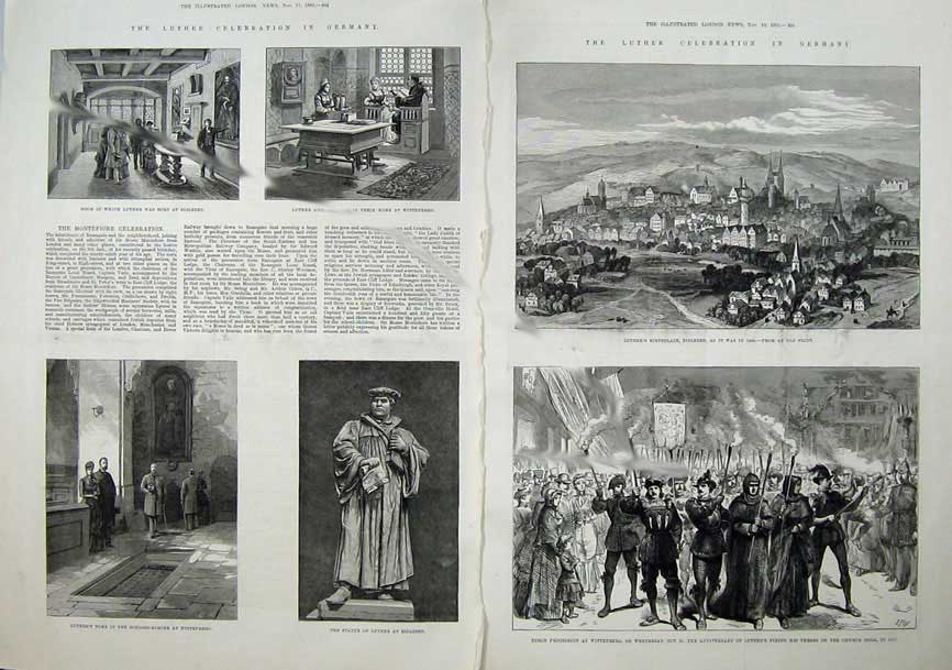 Old Antique Print 1883 Luther Germany Staute Eisleben Wittenberg Church 19th