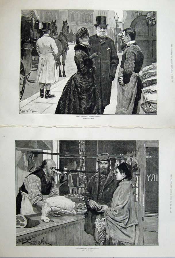 Original Old Antique Print Christmas 1883 Man Woman Turkey Goose King Fine Art