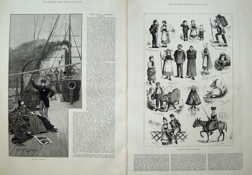 Old Antique Print Holiday Ship 1883 Swiss Folk Zermatt Andermatt People 19th