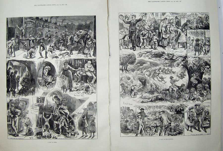 Original Old Antique Print Day Country Town 1883 Children Playing Dogs Trees