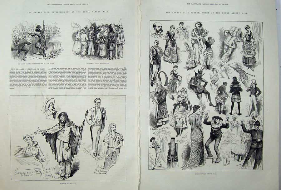 Antique Old Print Savage Club Royal Albert Hall Costumes 1883 Savages Men 19th