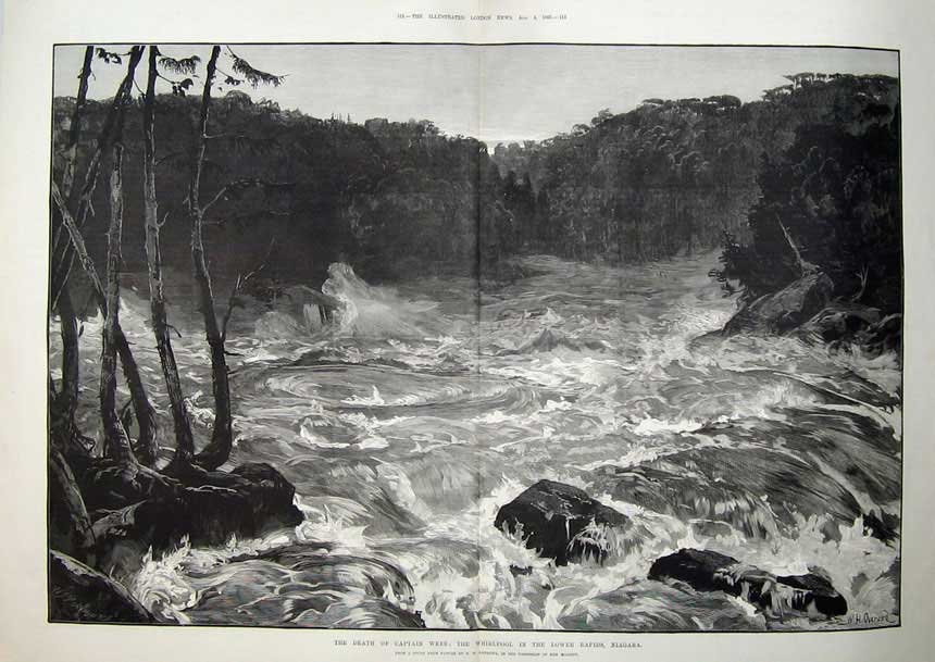 Old Antique Print 1883 Captain Webb Whirlpool Rapids Niagara America Art 19th