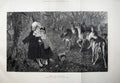 Original Old Antique Print 1883 Little Girls Country Trees Deer Fawn Fine Art