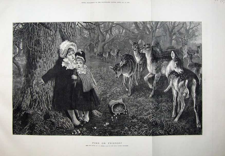 Original Old Antique Print 1883 Little Girls Country Trees Deer Fawn Fine Art