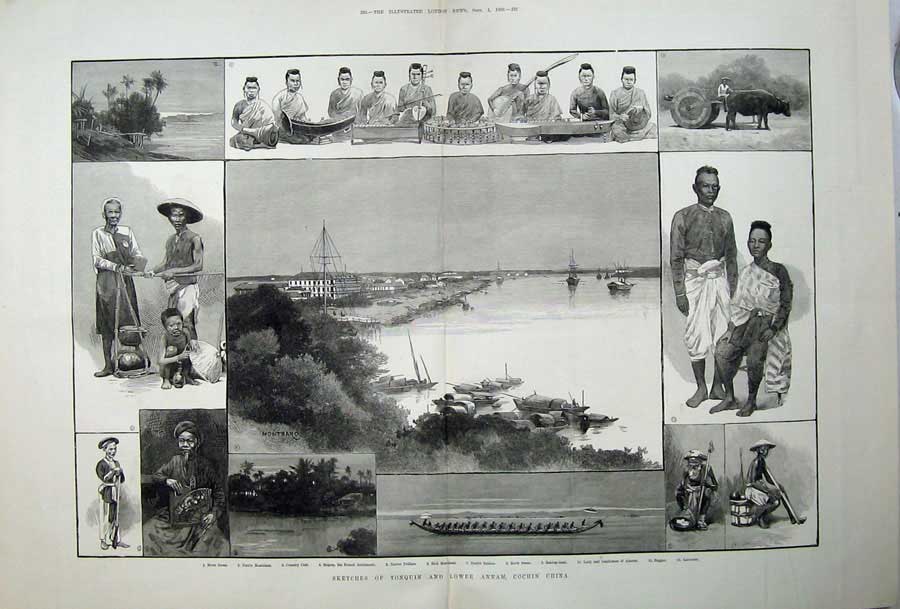 Original Old Antique Print 1883 Tonquin Annam Cochin China Sier Ship Boat 19th