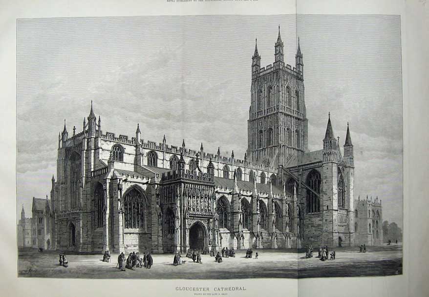 Old Antique Print 1883 Gloucester Cathedral Church Architecture Fine Art 19th