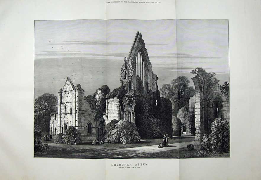 Old Antique Print 1883 Dryburgh Cathedral Church Architecture Fine Art 19th
