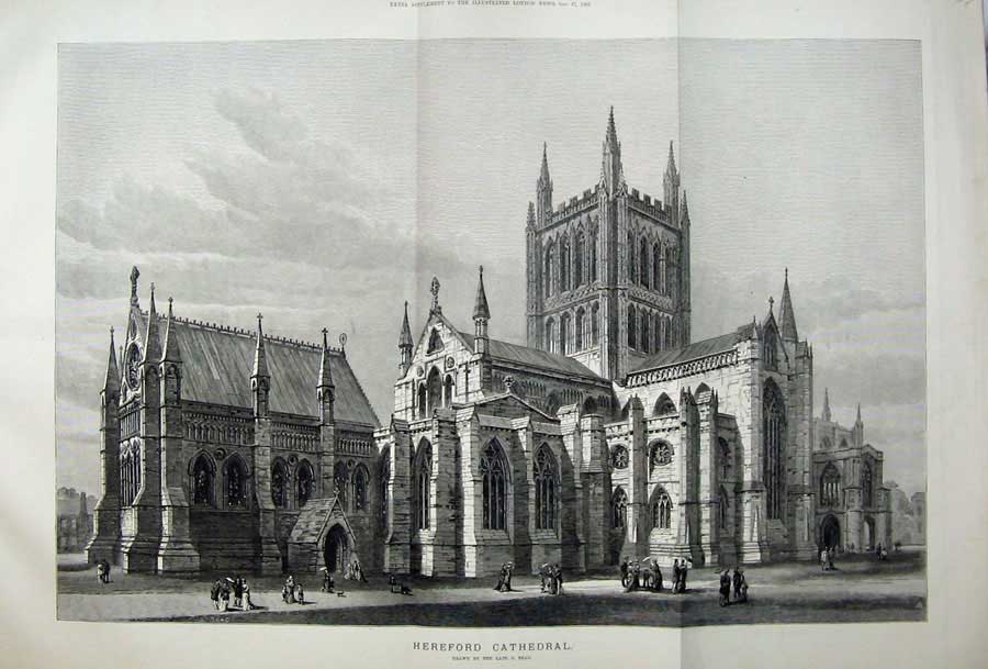 Old Antique Print 1883 Hereford Cathedral Architecture Church Fine Art 19th