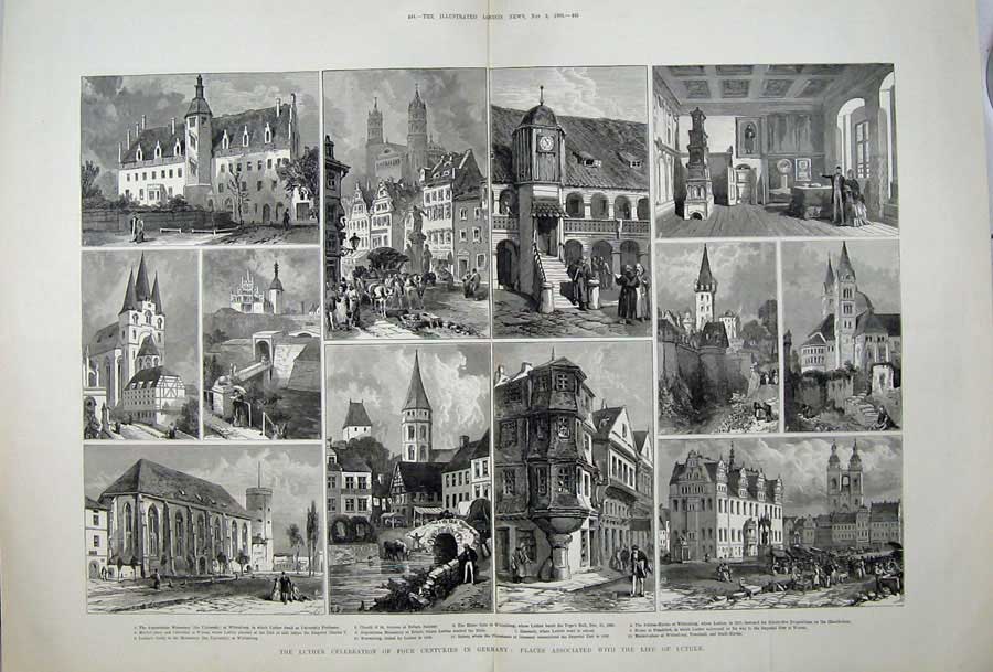 Old Antique Print 1883 Luther Germany Monastery Church Saxony Wittenberg 19th