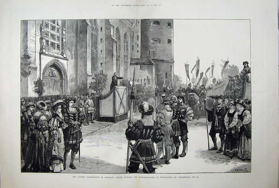 Old Antique Print 1883 Luther Germany Schloss-Kirche Wittenberg Men War 19th