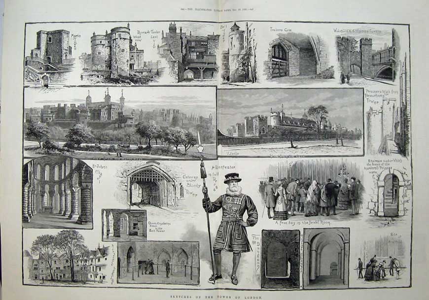 Old Antique Print 1883 Tower London Beefeater Bell Tower Traitors Gate 19th