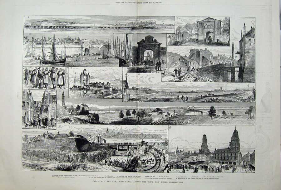 Old Antique Print 1883 Calais Canal Porte Richelieu Havre Citadel Gate 19th