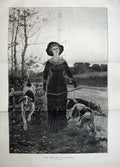 Antique Old Print Fine Art 1883 Country Woman Hound Dogs Fence Trees Road 19th