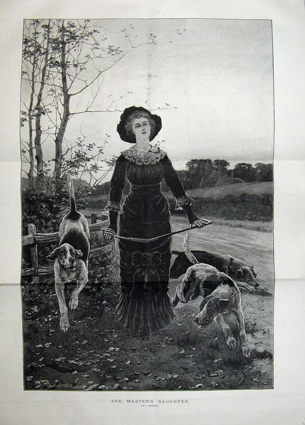 Antique Old Print Fine Art 1883 Country Woman Hound Dogs Fence Trees Road 19th