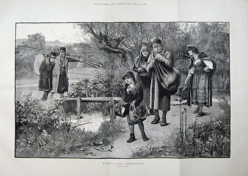 Old Antique Print Acrobats 1183 Fine Art People Music Drum Country Art