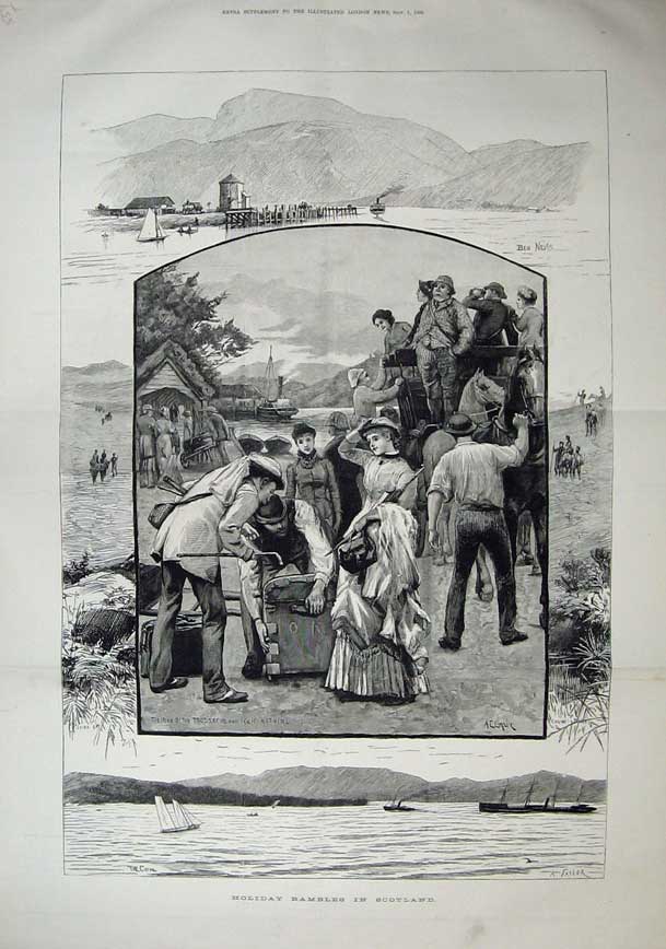 Antique Old Print Holidays Scotland 1883 Trossachs Loch Katrinl Horse Art 19th