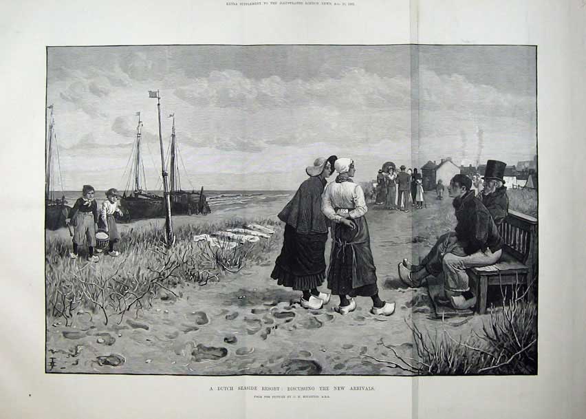 Old Antique Print 1883 Dutch Seaside Resort People Ship Children Holland 19th
