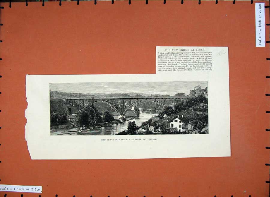 Original Old Antique Print 1883 New Bridge River Aar Berne Switzerland Fine Art