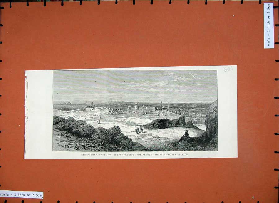 Original Old Antique Print 1883 Cholera Camp Cameron Highlanders Mokattam Cairo