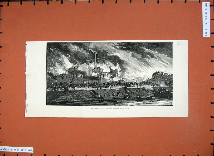 Original Old Antique Print 1883 Great Fire Rossau Suburb Vienna Flames Fine Art