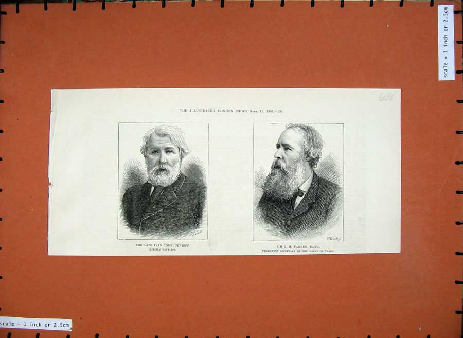 Original Old Antique Print 1883 Ivan Tourguenieff Russian Sir Farrier Bart Men