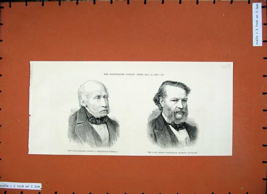 Old Antique Print 1883 Admiral Patton Trafalgar Henri Conscience Novelist 19th