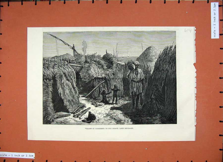 Old Antique Print Fine Art1883 Village Fishermen Fly Island Lake Menzaleh 19th