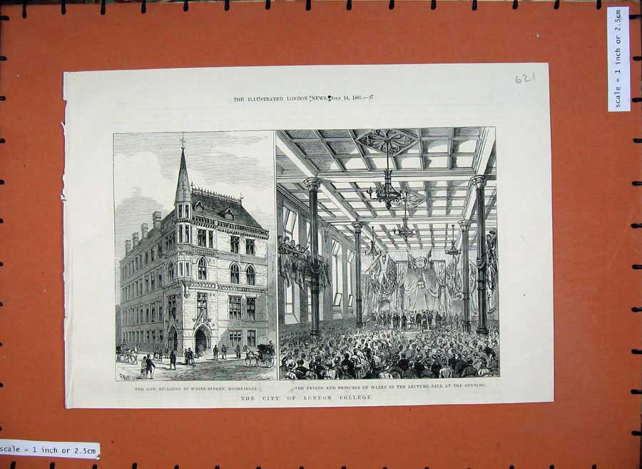Original Old Antique Print London College 1883 Lecture Hall Building Moorfields