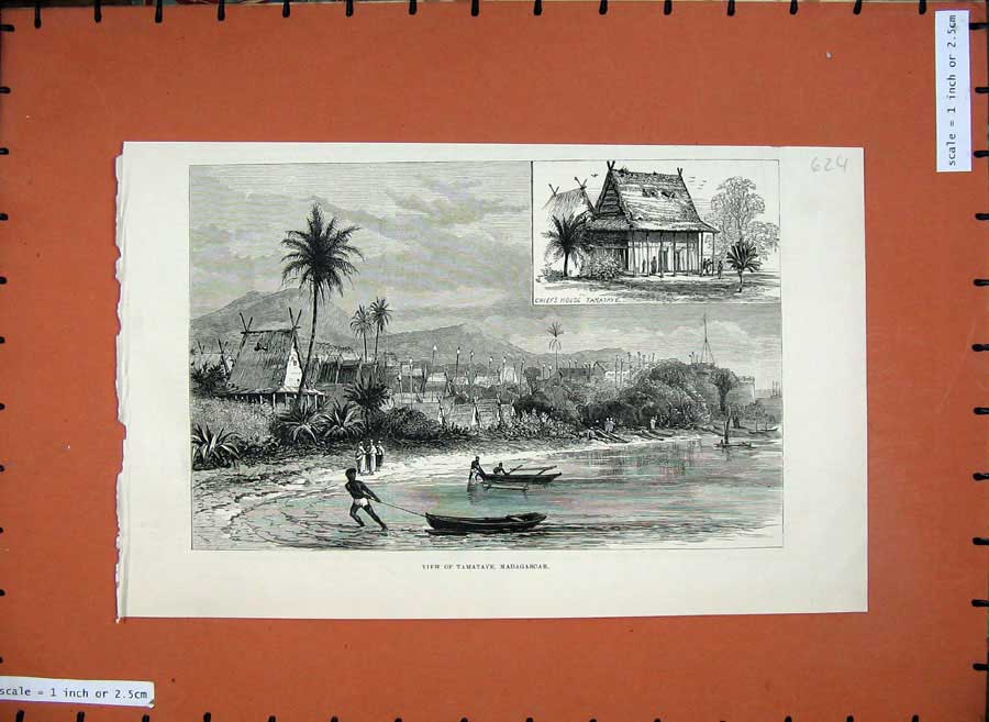 Original Old Antique Print 1883 View Tamatave Madagascar Chief'S House Boat Men