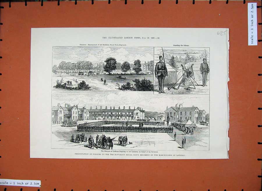 Old Antique Print 1883 Marquis Lothian Army Battalion Royal Scots War Men 19th