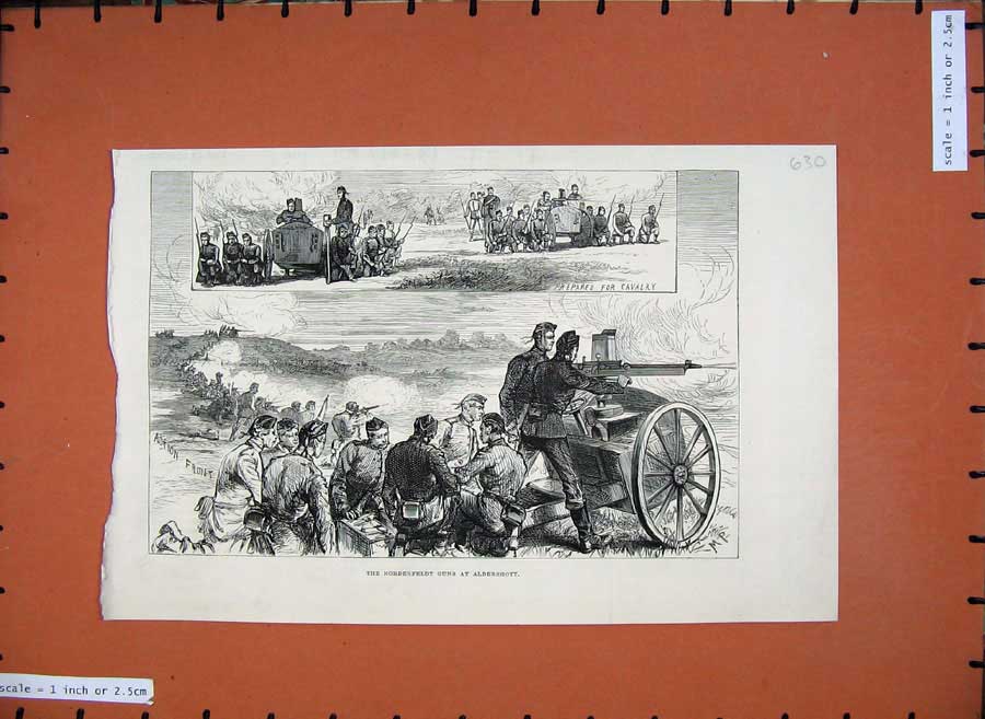 Old Antique Print War 1883 Nordenfeldt Guns Aldershot Army Cavalry Battle 19th