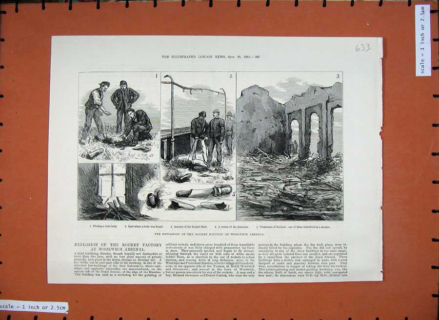 Old Antique Print 1883 Rocket Factory Explosion Woolwich Arsenal Armoury 19th