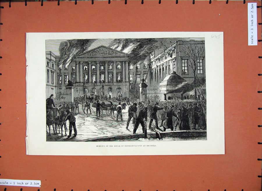Original Old Antique Print 1883 Burning House Representatives Brussels Fire Art