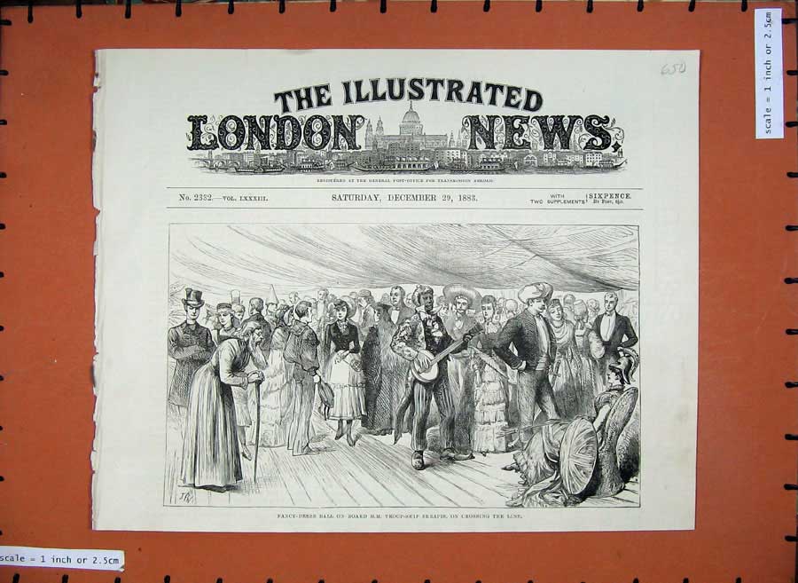 Old Antique Print 1883 Fancy Dress Ball H.M Troop Ship Serapis Costumes 19th