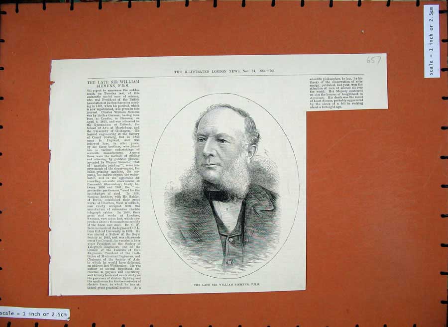 Original Old Antique Print 1883 Portrait Sir William Siemens Science Man 19th
