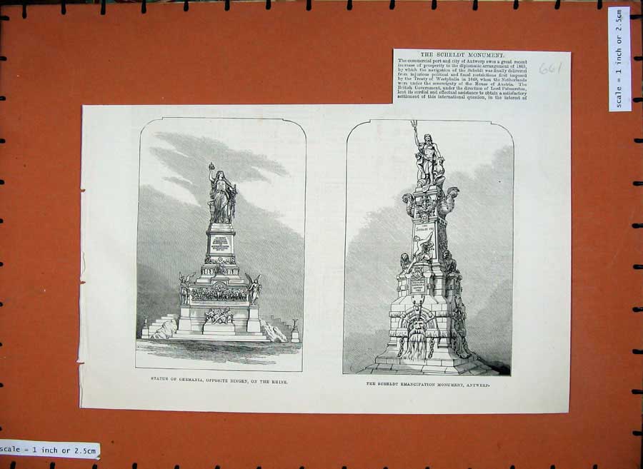 Old Antique Print 1883 Statue Germania Rhine Scheldt Monument Antwerp Art 19th