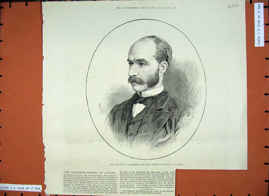 Original Old Antique Print Marquis Lansdowne Governor General Canada 1883 19th
