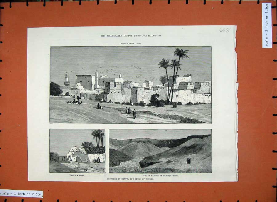 Old Antique Print 1883 Egypt Ruins Thebes Tomb Kings Sheikh Montbard Art 19th