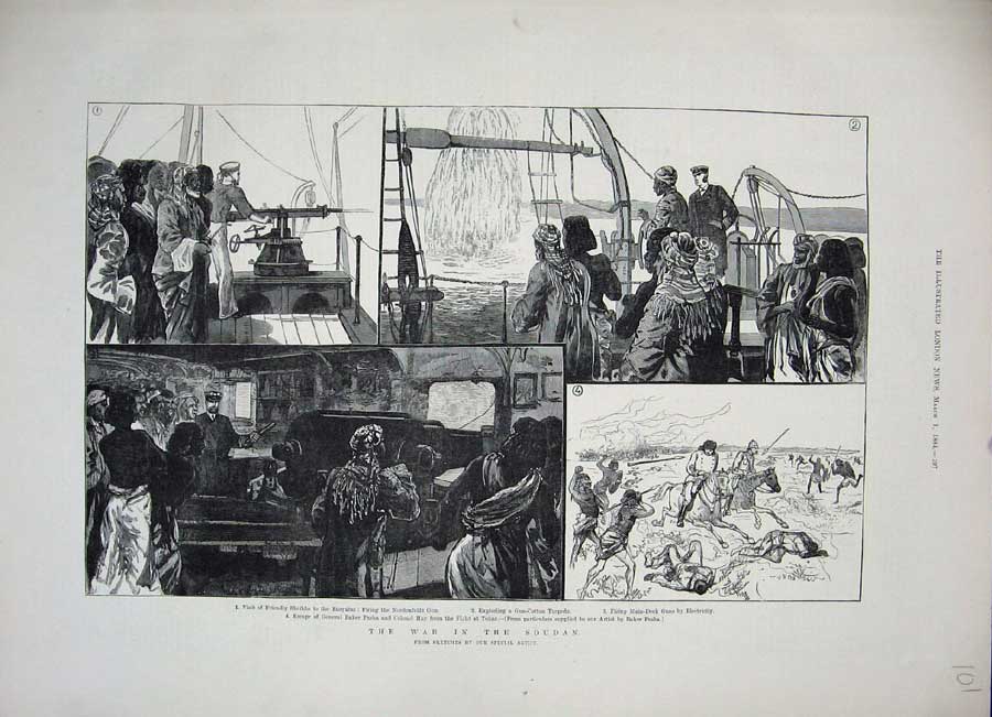 Old Antique Print 1884 War Soudan Euryalus Torpedo Nordenfeldt Gun Ship 19th