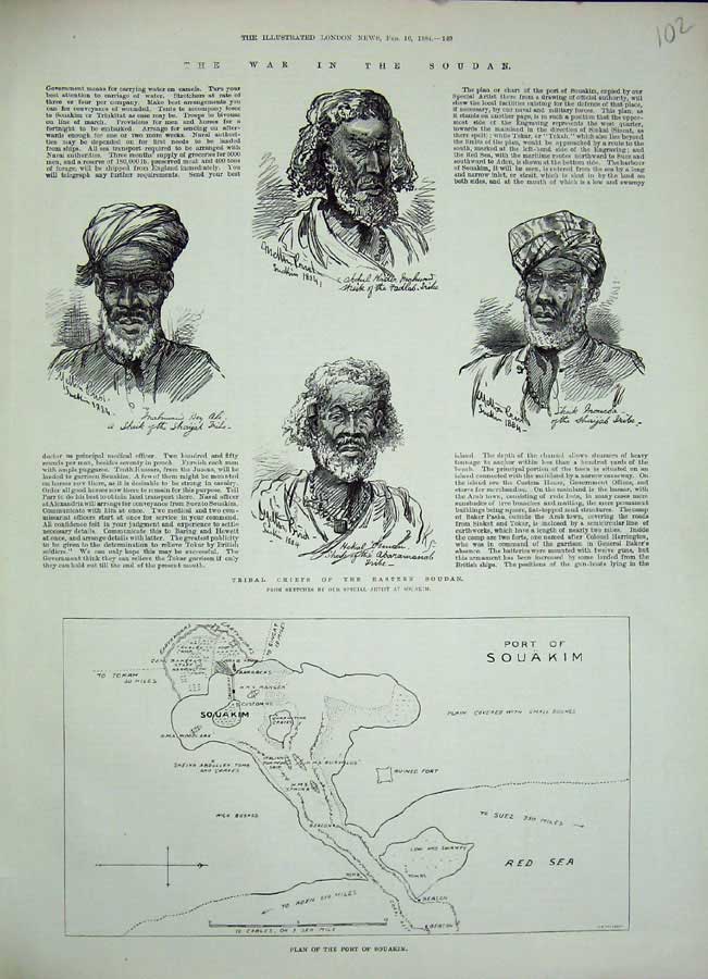 Old Antique Print 1884 Plan Port Souakim Tribal Chiefs Men Portrait War 19th