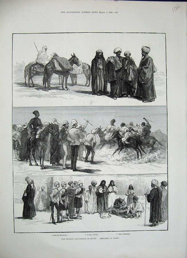 Old Antique Print English Occupation Egypt Cairo1884 Donkey Snake Bedouin 19th