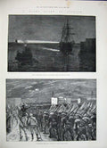 Original Old Antique Print 1884 Night Alarm Suakim Albacore Ship Navy Siers Art