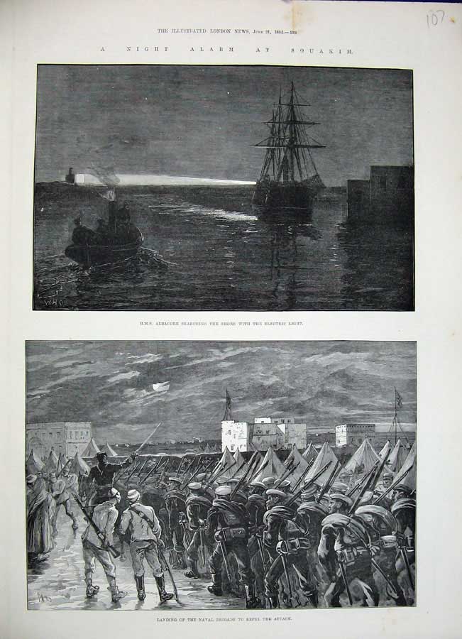 Original Old Antique Print 1884 Night Alarm Suakim Albacore Ship Navy Siers Art